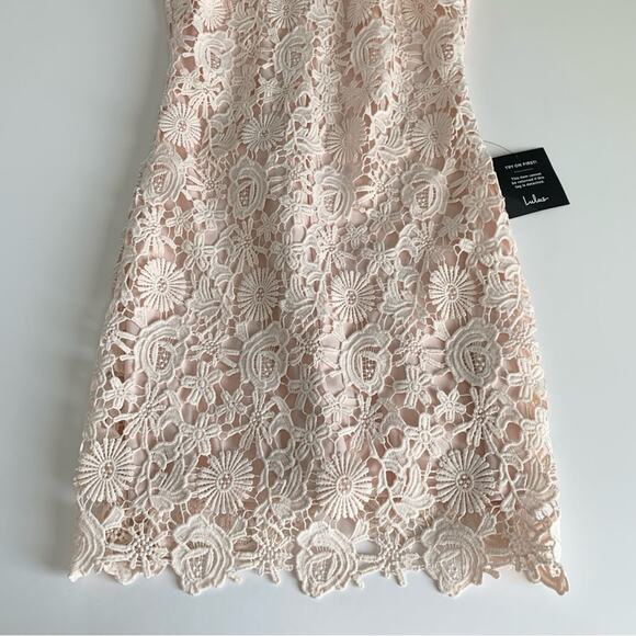 Lulus Love Poem Blush Pink Crochet Floral Lace Formal Halter Mini Dress Medium - Picture 9 of 13